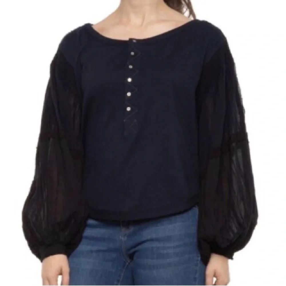 Free People S Deepest Navy Boho Balloon Sleeves Smocked Light Magic Henley Shirt